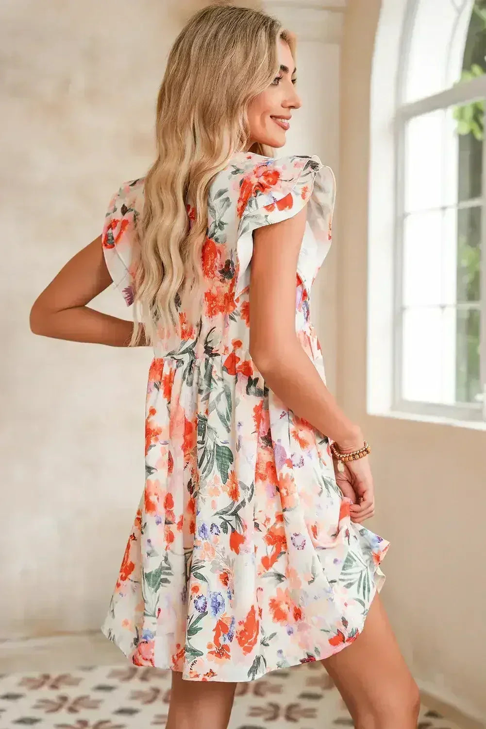 Pink Floral Ruffle Sleeve V Neck High Waist Mini Dress - Femstylo