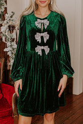 Evergreen Bowknot Decor High Waist Velvet Mini Dress