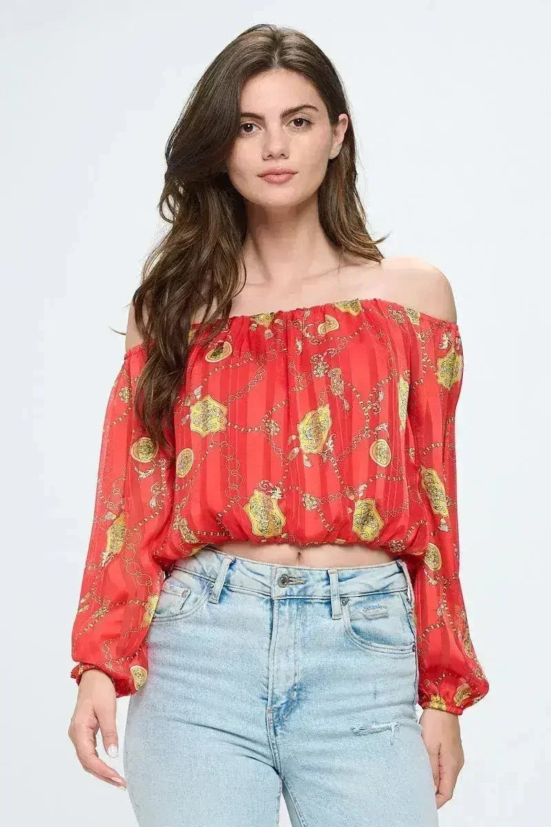 Off-Shoulder Chain Print Crop Top - Red & Black Chiffon Blouse - Femstylo
