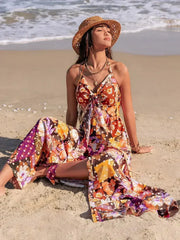 Slit Printed Halter Neck Cami Dress - Femstylo