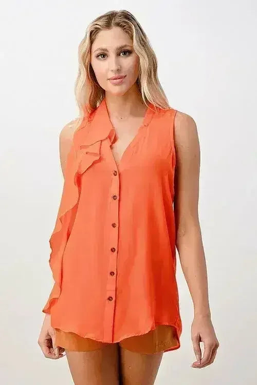Sleeveless Button-Up Ruffle Blouse - Femstylo