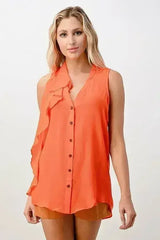Sleeveless Button-Up Ruffle Blouse - Femstylo