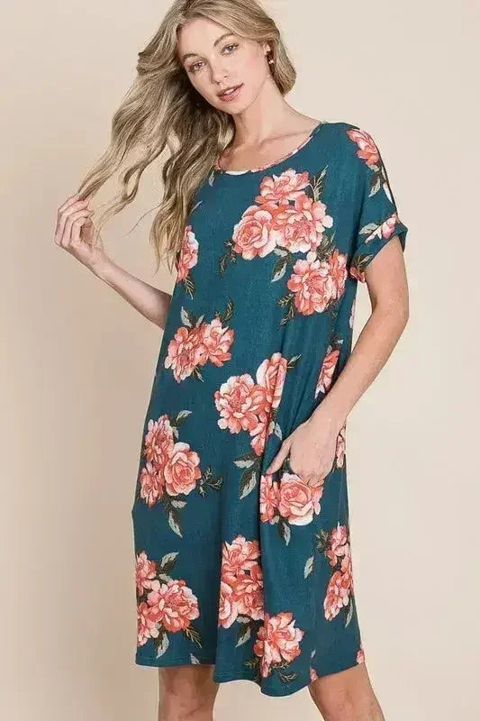 BOMBOM Floral Round Neck Short Tee Dress with Pockets - Femstylo
