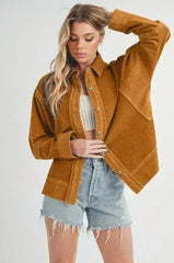 Aemi + Co Side Slit Exposed Seam Button Up Corduroy Jacket - Femstylo