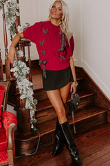 Fiery Red Plaid Lace-up Detail Christmas Holiday Puff Short Sleeve Sweater