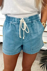 Beau Blue Drawstring Elastic Waist Denim Shorts - Femstylo