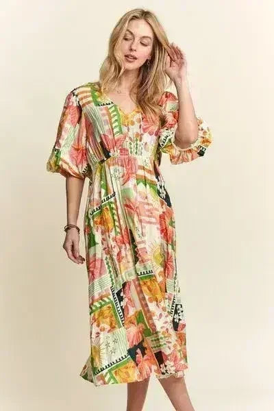 ADORA Floral V-Neck Puff Sleeve Midi Dress - Femstylo