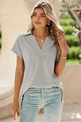 White Textured V Neck Collared Split Hem T Shirt - Femstylo