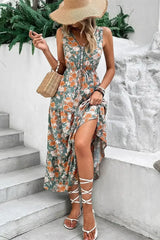 Green Floral Print Trimmed V Neck Sleeveless Vacation Dress - Femstylo