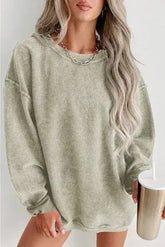 Green Ribbed Knit Sweatshirt - Round Neck Pullover | Femstylo - Femstylo