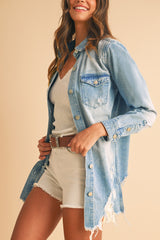 Beau Blue Light Wash Distressed Frayed Long Denim Shacket