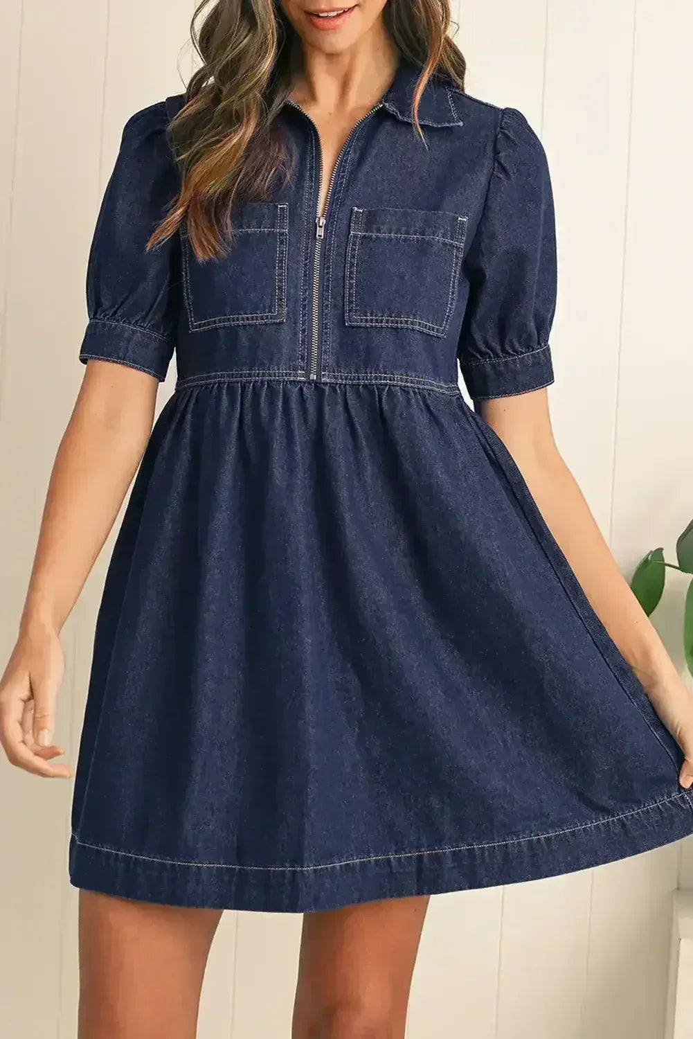 Dirty Blue Puff Sleeve Half Zipper Denim Flowy Dress - Femstylo