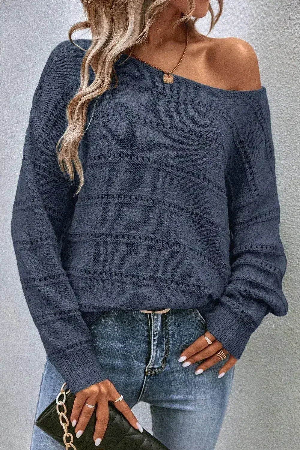 Real Teal Boat Neck Drop Shoulder Pointelle Knit Sweater - Femstylo