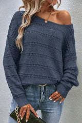 Real Teal Boat Neck Drop Shoulder Pointelle Knit Sweater - Femstylo