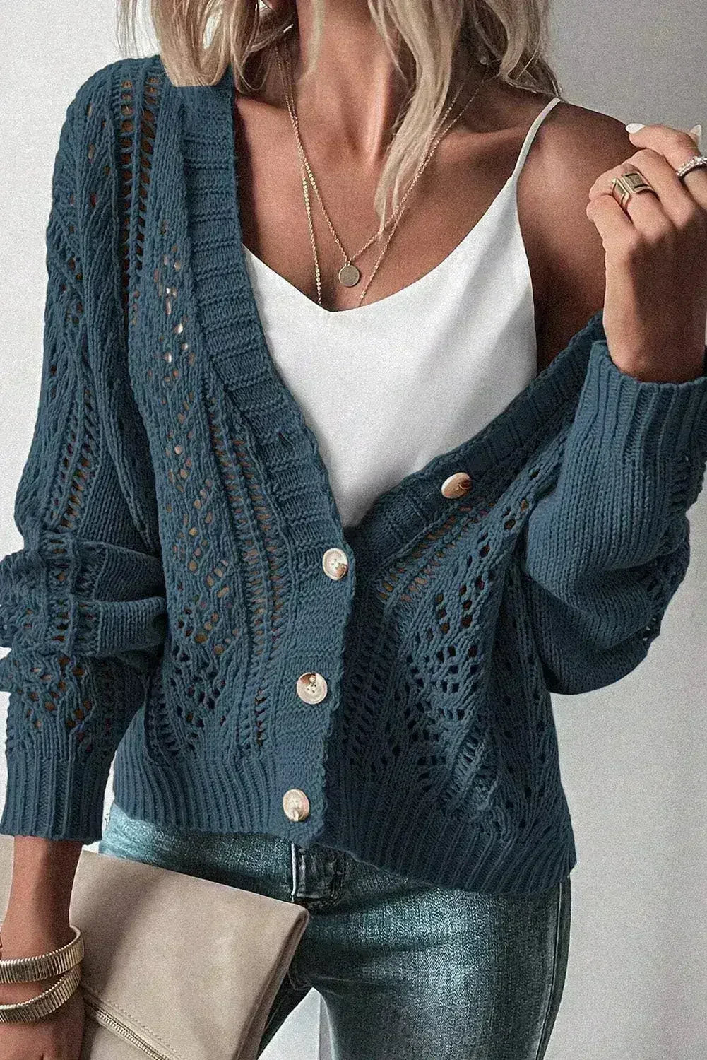 Dark Khaki Cardigan – Open Knit Drop Shoulder Sweater | Cotton-Acrylic Blend - Femstylo