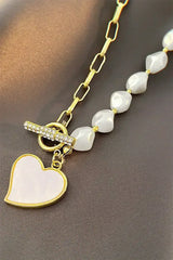 Gold Heart Shape Pendant Rhinestone Pearl Chain Necklace - Femstylo