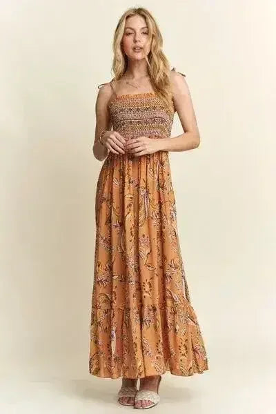 ADORA Smocked Printed Square Neck Tie Shoulder Cami Dress - Femstylo