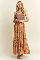 ADORA Smocked Printed Square Neck Tie Shoulder Cami Dress - Femstylo