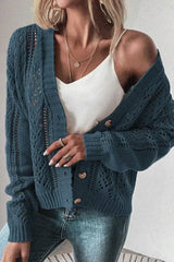 Dark Khaki Cardigan – Open Knit Drop Shoulder Sweater | Cotton-Acrylic Blend - Femstylo