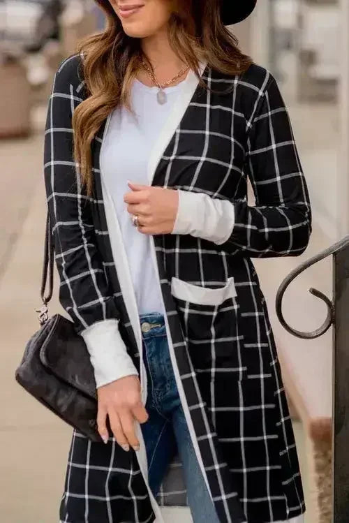 Black Plaid Colorblock Edge Open Cardigan with Pocket - Femstylo