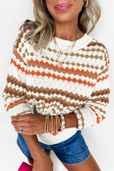 Brown Striped Eyelet Pattern Drop Shoulder Sweater - Femstylo
