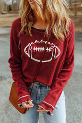 Red Waffle Rugby Graphic Contrast Hem Sweatshirt - Femstylo