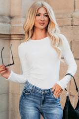 White Ribbed Long Sleeve Crew Neck Solid Color Bodysuit