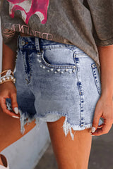 Beau Blue Pearl Studded Pocket Raw Hem Denim Shorts