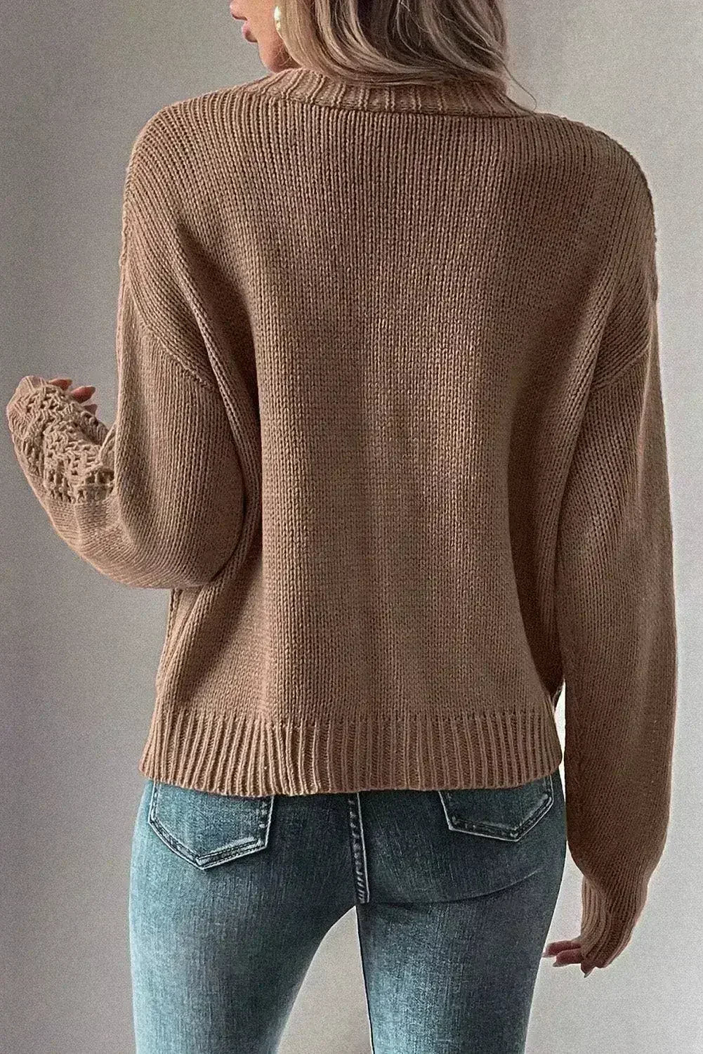 Dark Khaki Cardigan – Open Knit Drop Shoulder Sweater | Cotton-Acrylic Blend - Femstylo