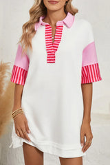 White Stripe Colorblock Sleeve Collared Pop of Color Neckline Dress