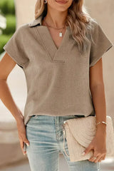 White Textured V Neck Collared Split Hem T Shirt - Femstylo