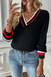 Black Contrast Striped Trim V Neck Drop Shoulder Sweater