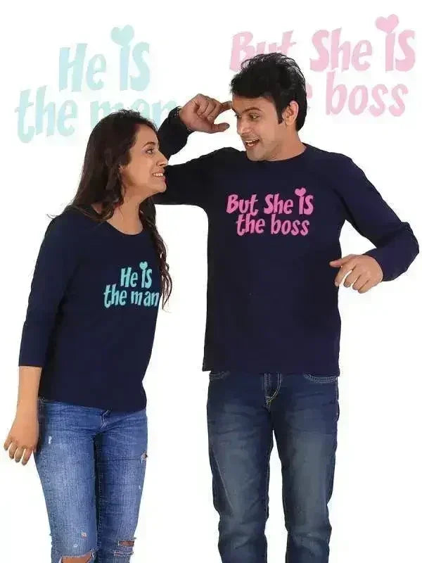 He is the Man, She is the Boss Couple Full Sleeves Navy Blue - Femstylo