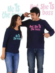 He is the Man, She is the Boss Couple Full Sleeves Navy Blue - Femstylo