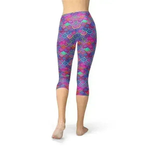 Womens Purple Pink Mermaid Capri Leggings - Femstylo