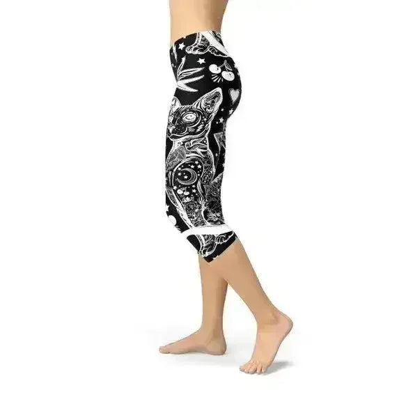 Womens Black Magic Cat Capri Leggings - Femstylo