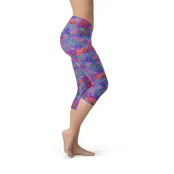 Womens Purple Pink Mermaid Capri Leggings - Femstylo