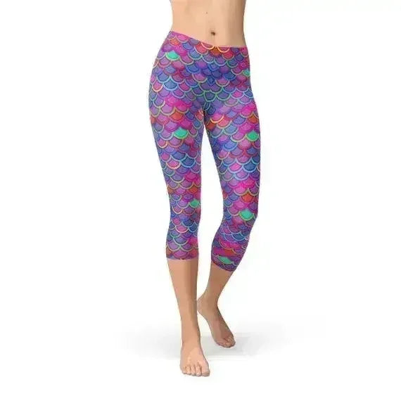 Womens Purple Pink Mermaid Capri Leggings - Femstylo