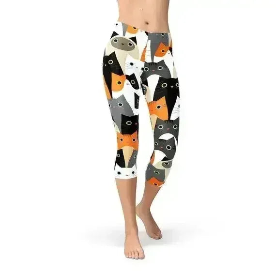 Womens All Over Print Cats Capri Leggings - Femstylo