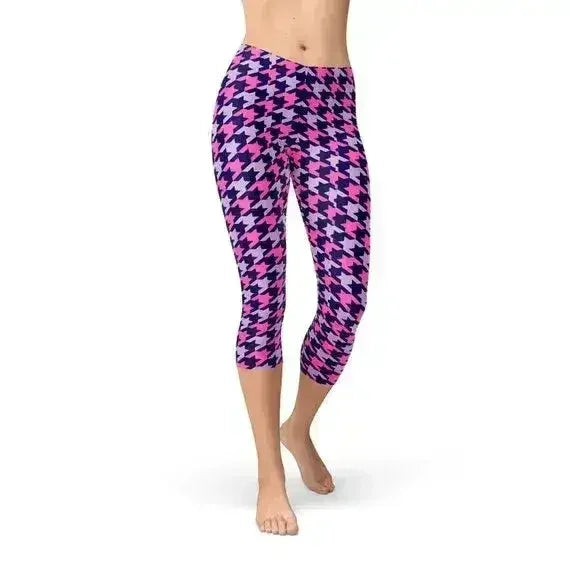 Houndstooth Pink Purple Capri Leggings - Femstylo