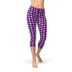 Houndstooth Pink Purple Capri Leggings - Femstylo