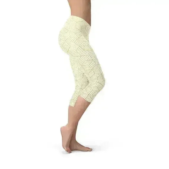 Womens White Capri Leggings w/ Geometric Cubes - Femstylo