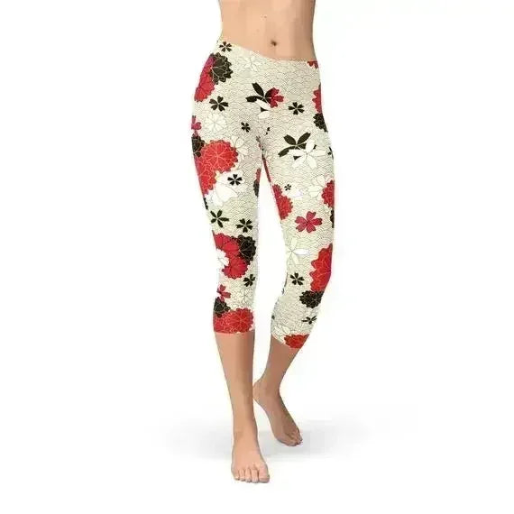 Womens Japanese Cherry Blossom Capri Leggings - Femstylo