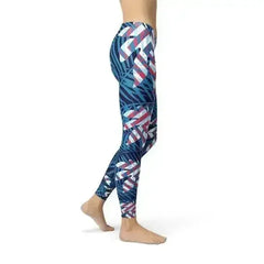 Blue Tropical Leaf Leggings for Women - Femstylo
