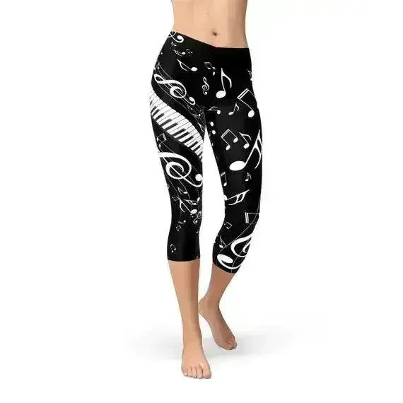 Womens Piano Notes Black Capri Leggings - Femstylo