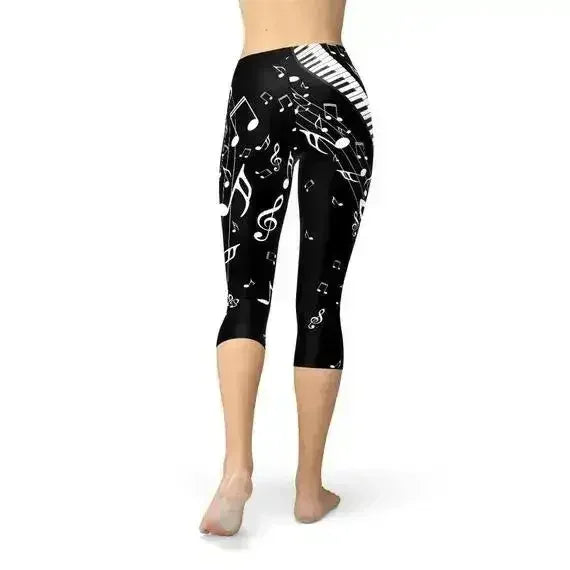 Womens Piano Notes Black Capri Leggings - Femstylo