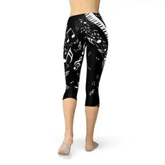 Womens Piano Notes Black Capri Leggings - Femstylo