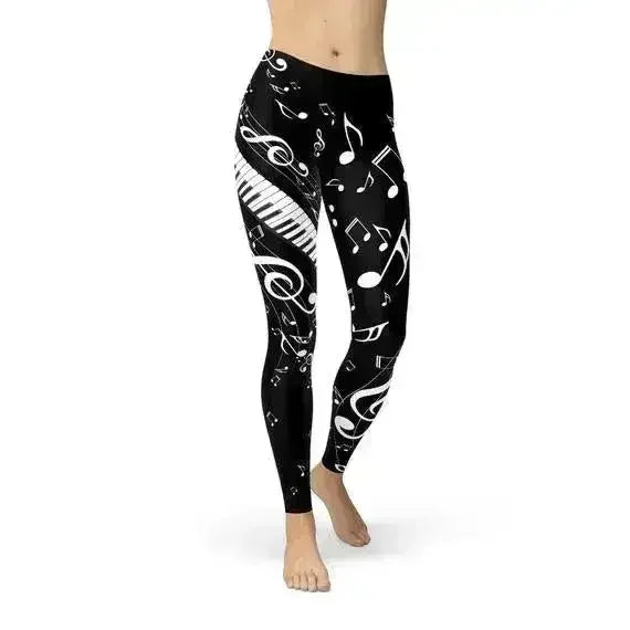 Womens Piano Notes Black Leggings - Femstylo