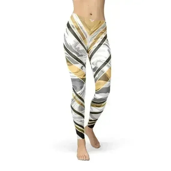 Womens White Marble w/ Black Gold Lines Leggings - Femstylo
