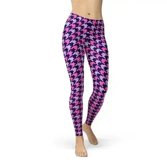 Womens Pink Purple Houndstooth Leggings - Femstylo